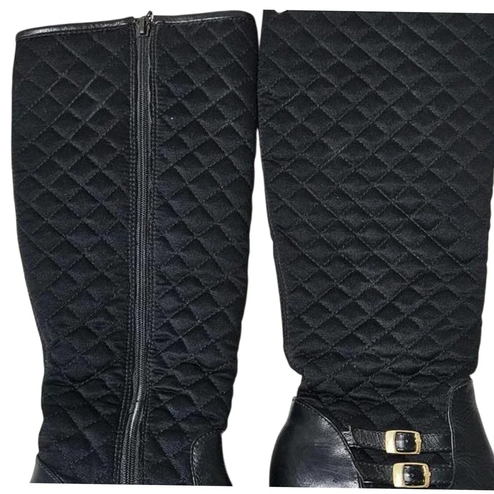 Opposite Black Quilted Leather Knee High Riding Boots Size 37 Buckle Detail Zip